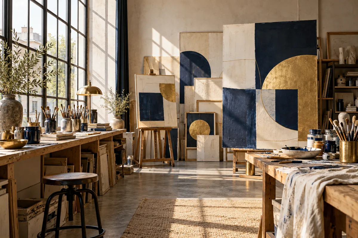 Estudio de artista con lienzos abstractos, pinceles y luz de ventana