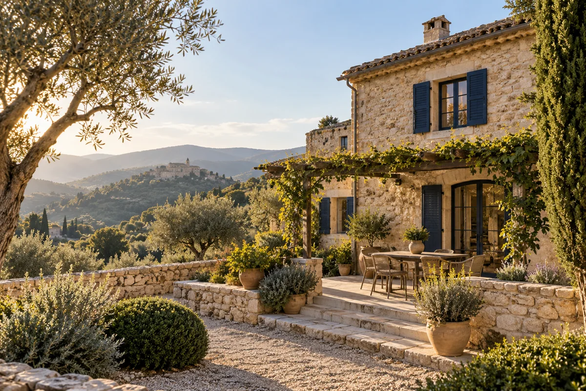 Casa rural de piedra con terraza y olivos bajo una luz cálida