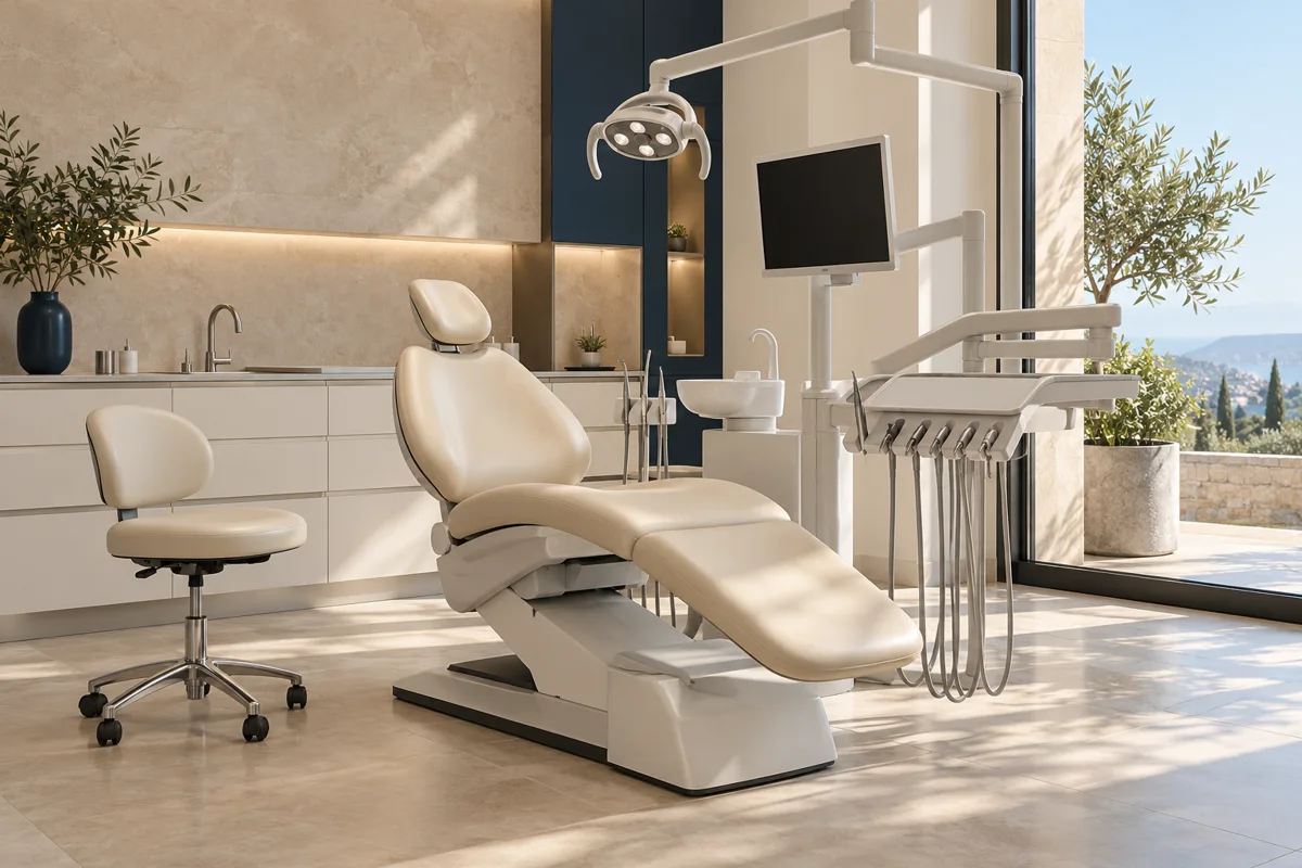 Gabinete dental luminoso con sillón, equipos y acabados claros