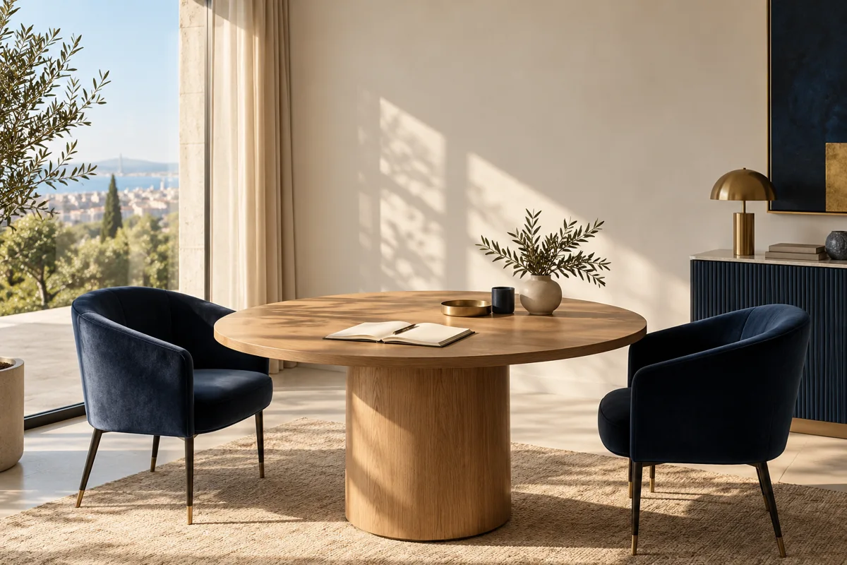 Mesa de reunión para coaching con dos sillas, libreta y luz natural