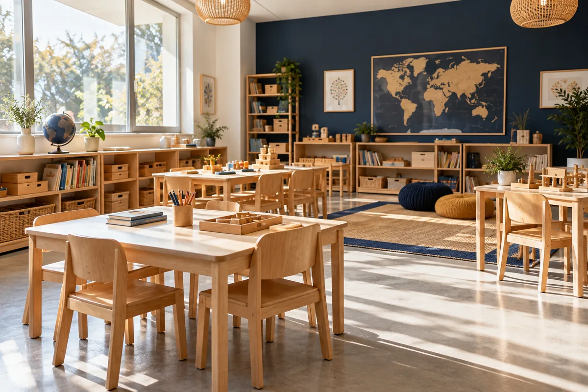 Aula luminosa con mesas, libros y materiales educativos, sin alumnado