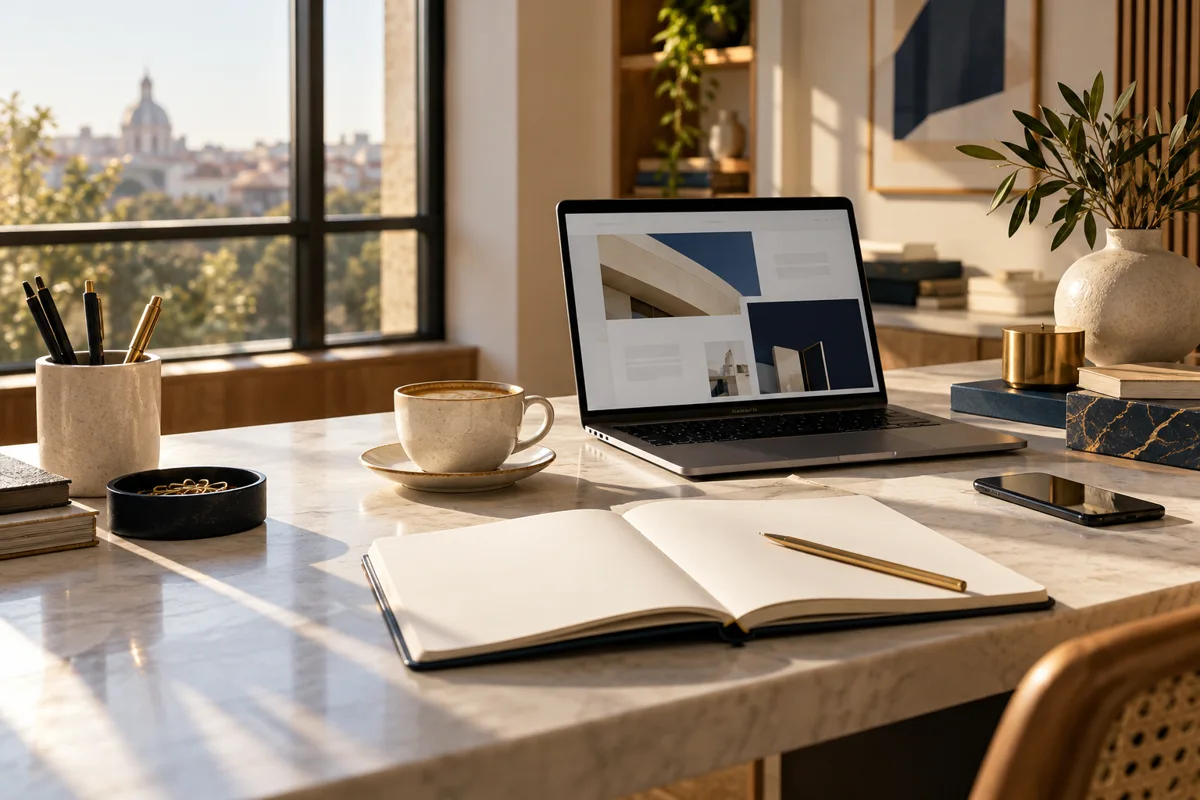Mesa de trabajo con portátil, libreta y café para preparar un nuevo negocio