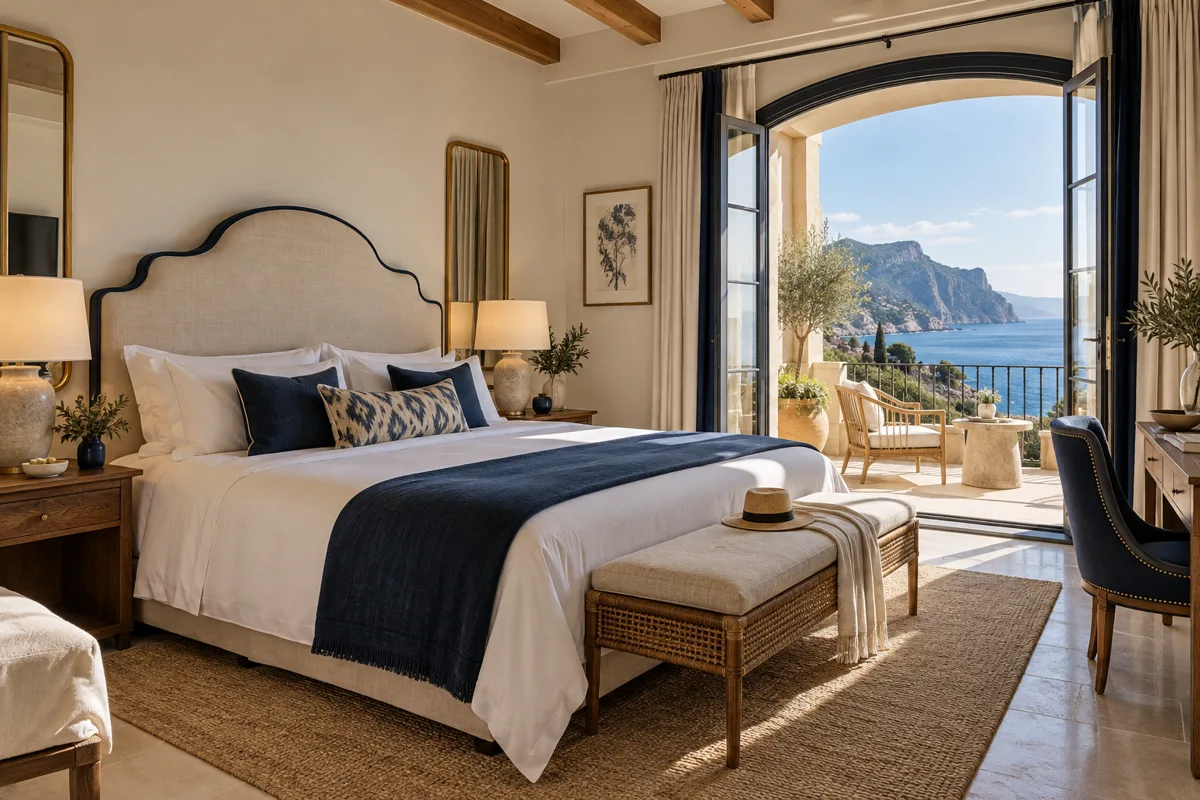 Habitación de hotel mediterráneo con cama de lino y balcón luminoso