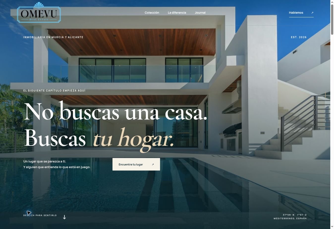 Portada de OMEVU Real Estate con arquitectura mediterránea y el mensaje No buscas una casa. Buscas tu hogar.
